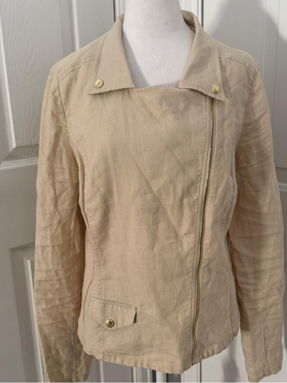 GUESS Womens 100% Linen Moto Biker Full Zip Beige Jacket Size L Gold Zip Utility - Picture 11 of 12